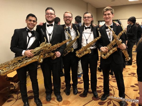 The Symphonic Band saxophone section with Dr. James Barger,
 saxophone soloist at 2020 TMEA Convention